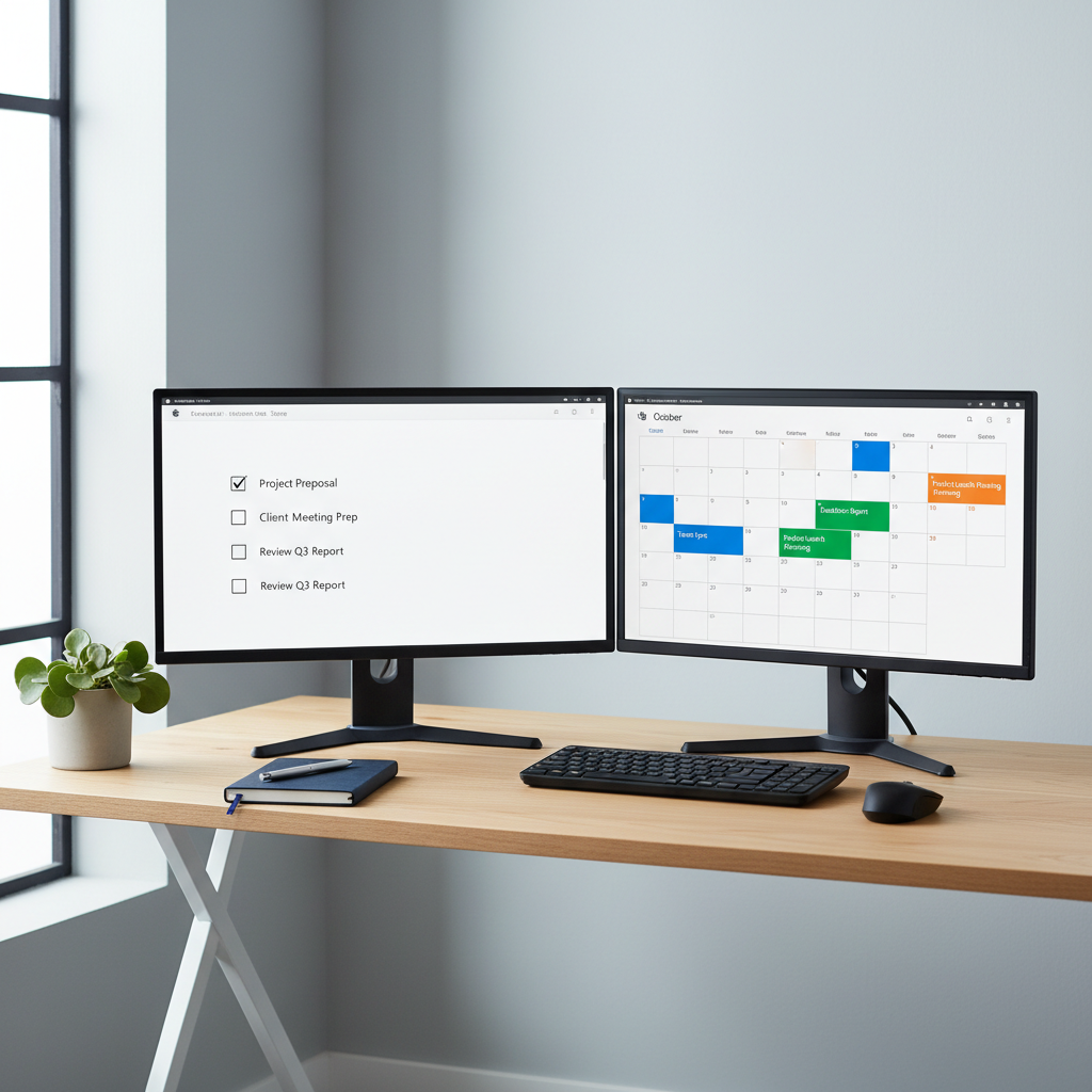 A dual-monitor desktop setup in a tidy, modern office corner, both screens showing different simple apps from the Microsoft Store running side by side. One display features a clean to-do list app with large checkboxes and generous white space, while the other shows a straightforward calendar app with bold, color-coded blocks. The matte black monitors sit on a light oak desk with a single small plant and a closed notebook, emphasizing simplicity. Cool, even daylight from a nearby window produces soft, natural shadows and crisp edges. Shot from a slightly elevated angle in photographic realism, the mood is organized, efficient, and professional.