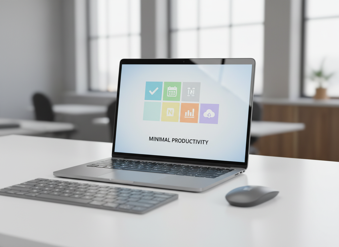 A sleek, modern laptop on a clean white desk displays a full-screen Microsoft Store interface, focusing on a curated collection of simple, minimalist productivity apps with crisp, icon-only tiles. The surrounding workspace is uncluttered, with a matte gray wireless keyboard and a slim mouse neatly aligned. Soft, diffused daylight from an unseen window gently illuminates the scene, creating subtle reflections on the laptop’s metallic surface and a calm, professional atmosphere. Photographic realism with an eye-level composition and shallow depth of field keeps the Microsoft Store interface in sharp focus while the background blurs into a soft bokeh of neutral office tones.