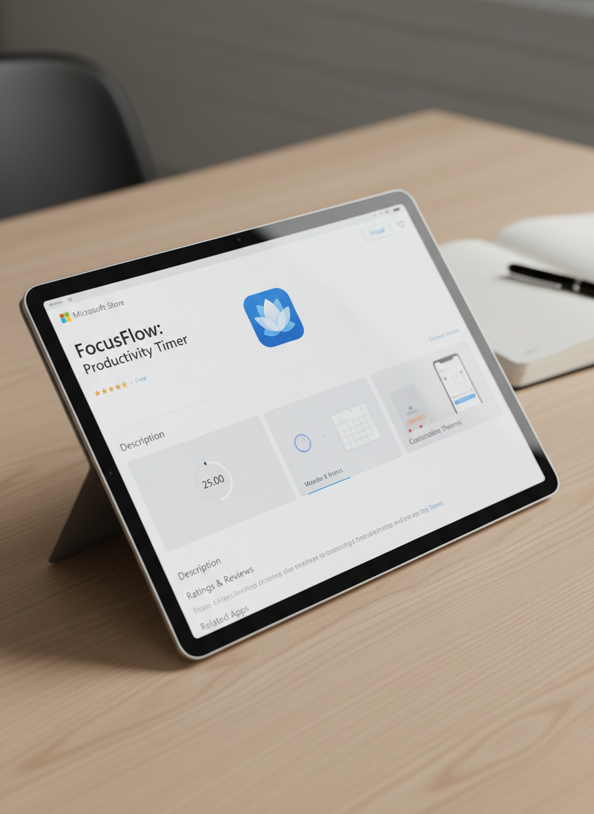 A close-up, over-the-shoulder style view of a tablet lying flat on a light wood surface, showing a single, cleanly designed Microsoft Store app detail page. The app interface is simple, with a light theme, clear sections, and large, uncluttered preview panels. Soft studio lighting from above creates gentle highlights on the glass screen and faint shadows along the tablet’s beveled edges. The composition follows the rule of thirds, with the tablet slightly off-center, and the background remains minimal, featuring only a blurred hint of a notebook and pen to suggest a professional workspace. The photographic style feels precise, calm, and trustworthy.