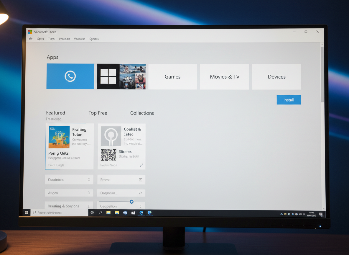 A close, detailed shot of a single app window from the Microsoft Store running on a high-resolution monitor, framed so that only the bevel and a sliver of the desktop background are visible. The app’s UI is ultra-clean, using a light theme, generous margins, and clearly grouped controls, illustrating the idea of an ‘obvious’ interface. Gentle side lighting from a desk lamp outside the frame creates a subtle gradient across the matte display bezel and a faint reflection on the desk surface below. The mood is focused and analytical, with photographic realism and a tight, almost architectural composition highlighting every line and corner of the interface.