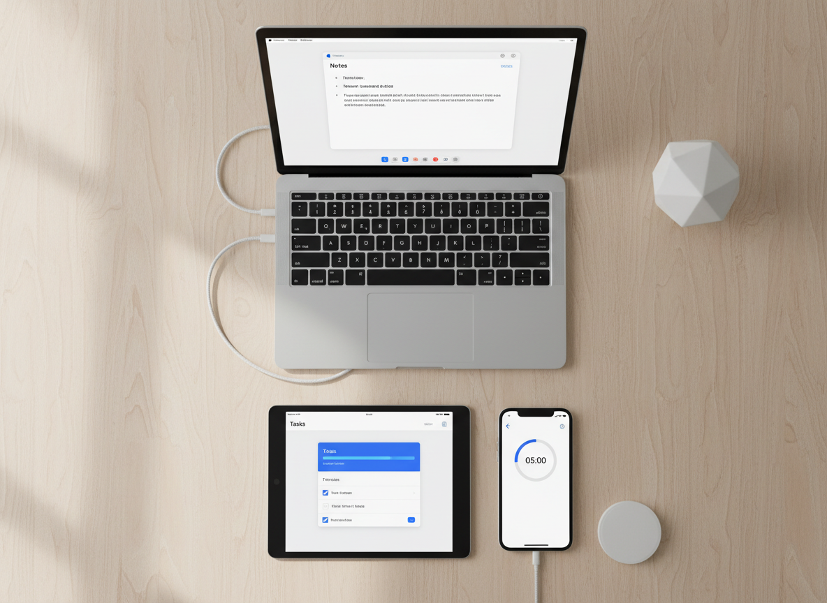 A bird’s-eye view of a flat lay workspace designed around Microsoft Store apps: a laptop, a small tablet, and a phone are neatly arranged on a pale wooden surface, each device showing a different simple app interface—notes, tasks, and a timer—with matching, minimalist design language. Cables are tucked away, and only a single geometric desk accessory and a compact, wireless charger accompany the devices. Soft, overcast natural light from a nearby window creates even illumination with almost no harsh shadows. The photographic composition emphasizes geometric alignment and clean negative space, conveying a sense of order, clarity, and professional simplicity.
