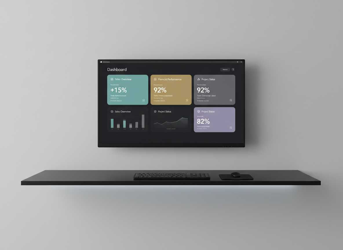 A minimalist dark-mode dashboard app from the Microsoft Store fills a widescreen monitor, mounted on a floating shelf desk against a light gray wall. The interface shows simple charts and tiles with restrained accent colors, emphasizing clarity and immediate understanding. A slim, black keyboard and trackpad rest on the desk surface, with no extra accessories, reinforcing the ‘only what’s needed’ concept. Subtle, cool LED strip lighting under the shelf casts a gentle glow along the wall, creating a sophisticated tech atmosphere. Captured straight-on with sharp focus throughout, the photographic image feels modern, focused, and perfectly uncluttered.